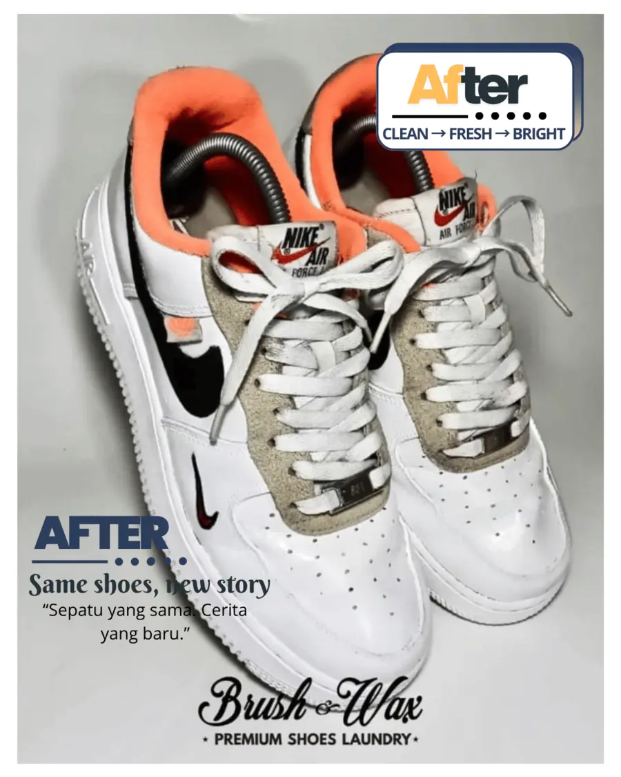 Sepatu Nike putih oranye setelah dicuci Brush and Wax