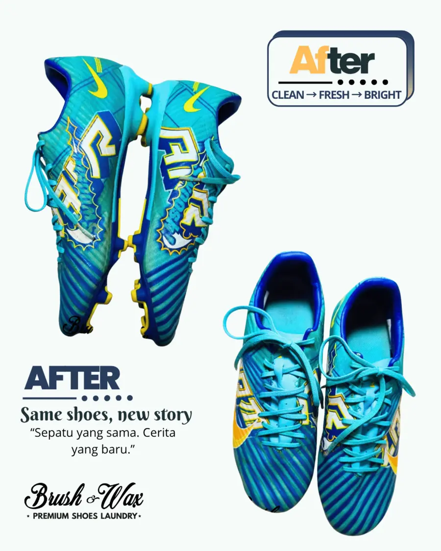Sepatu sepak bola biru setelah dicuci Brush and Wax