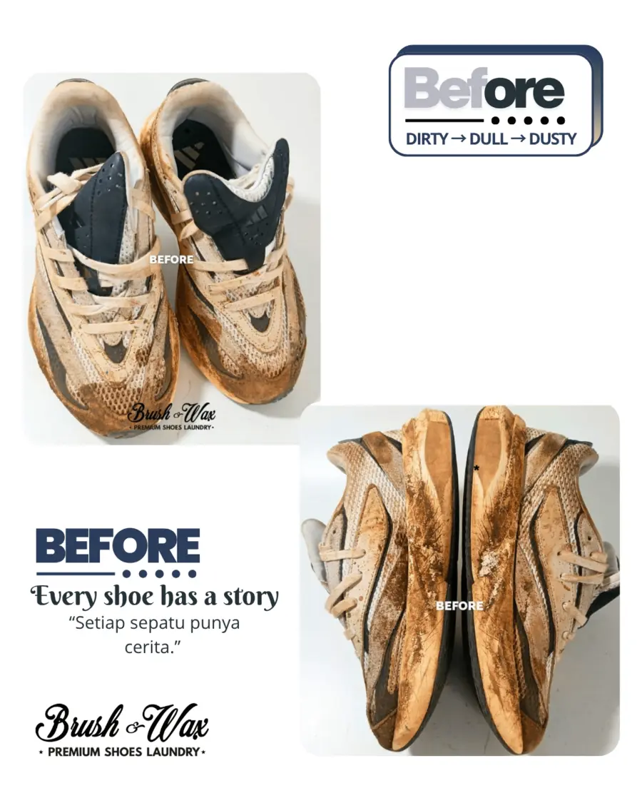 Sepatu sneakers krem dalam kondisi kotor sebelum dicuci