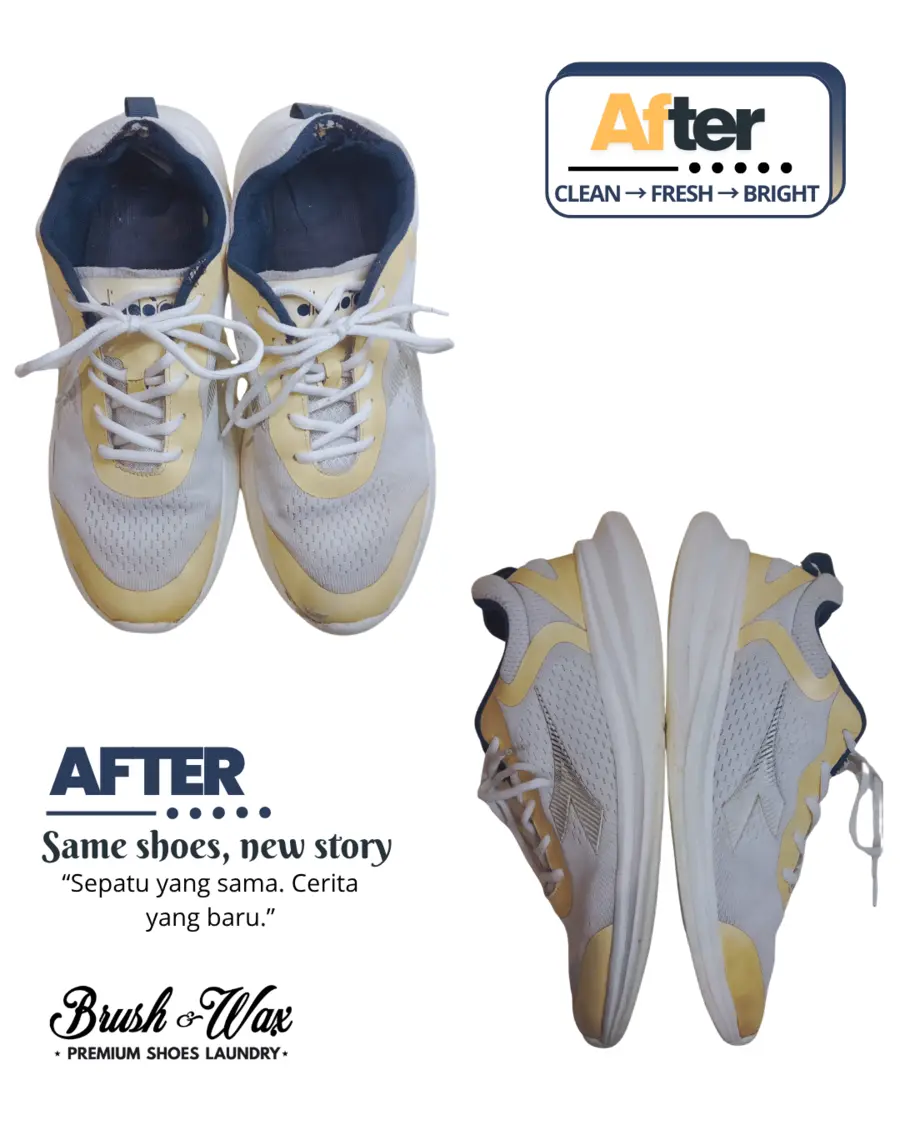 Sepatu lari abu-abu kuning setelah dicuci Brush and Wax